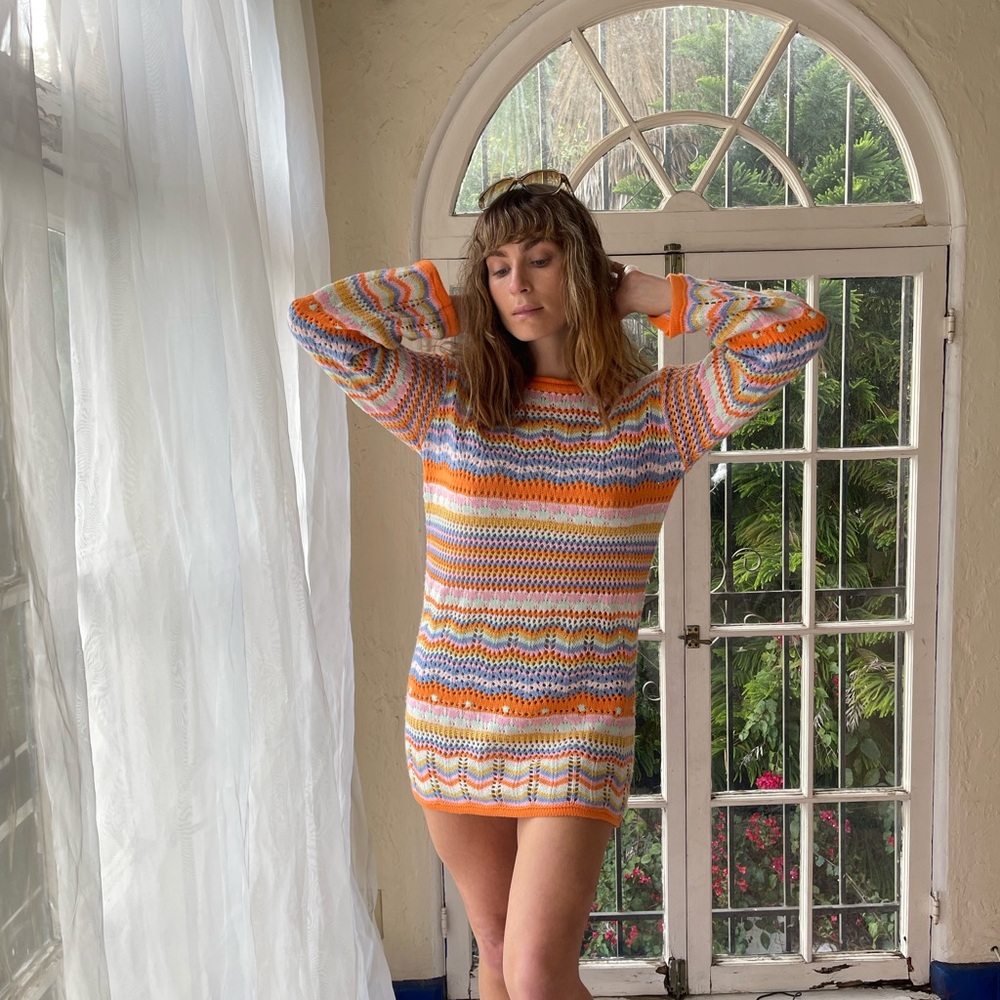 Crochet Striped Knit Sweater Mini Dress - Picture 10 of 10